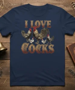 I Love Cocks T-Shirt design with a detailed rooster and several hens, featuring vintage-style lettering