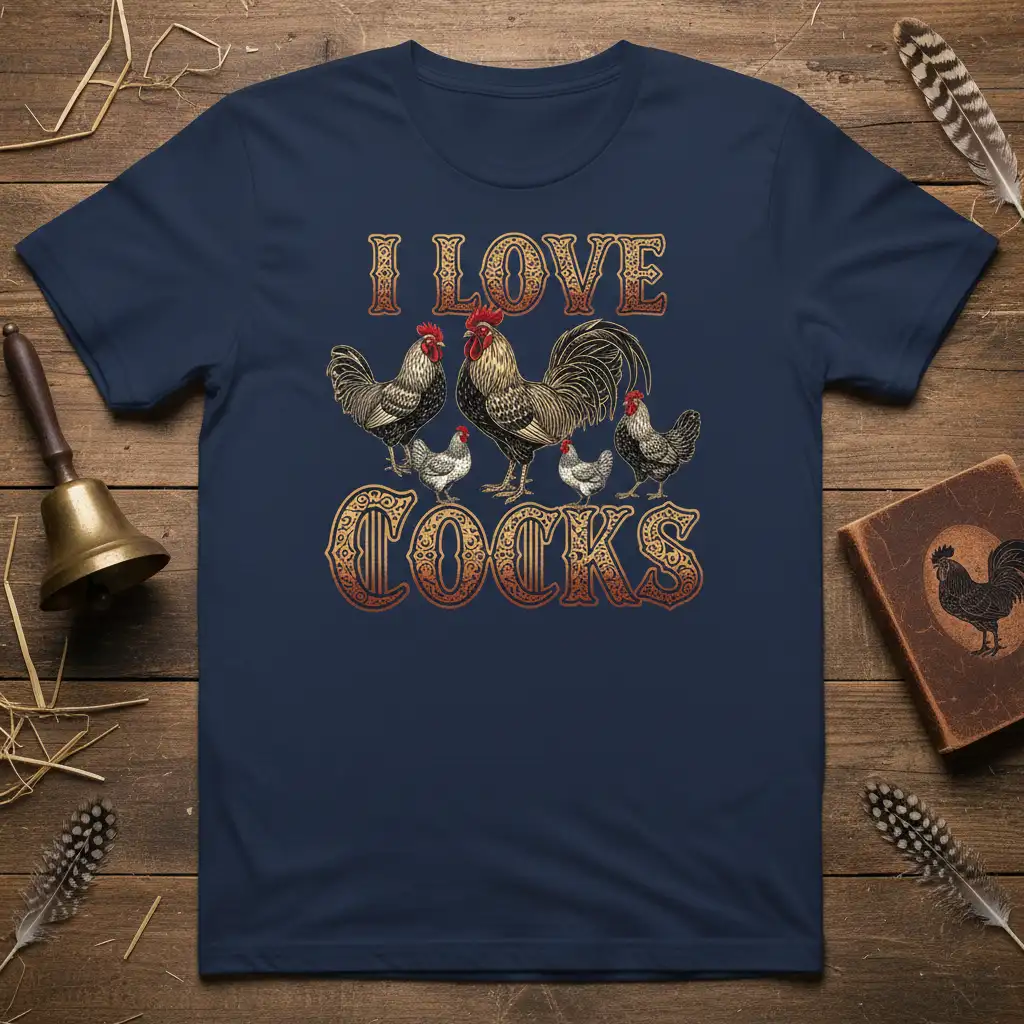I Love Cocks text with illustrated rooster and hens on a navy blue t-shirt