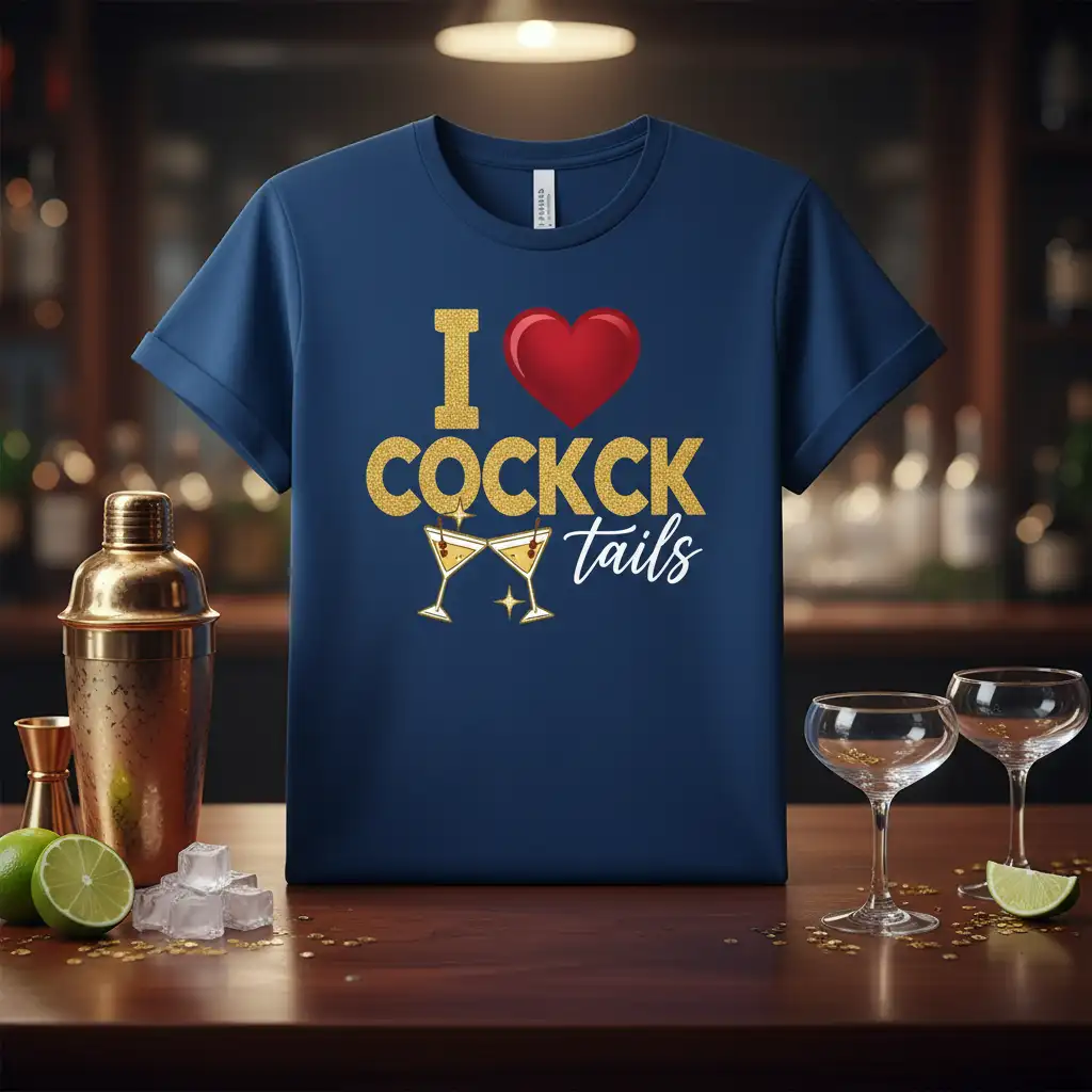 I Love Cocktails glitter graphic tee design with red heart and two martini glasses