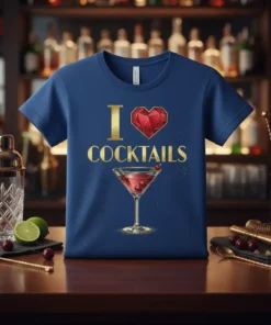 Blue t-shirt with gold text "I Love Cocktails" and a graphic of a martini glass with cherries, featuring a red