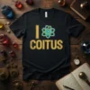I Love Coitus t-shirt with atom graphic and distressed gold text, black background