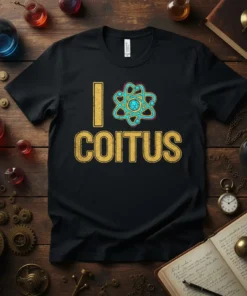 I Love Coitus t-shirt with atom graphic and distressed gold text, black background