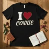 I Love Connie heart t-shirt design with distressed white 'I' and red heart, and distressed white 'Connie' text