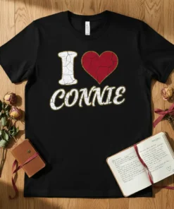 I Love Connie heart t-shirt design with distressed white 'I' and red heart, and distressed white 'Connie' text