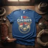 I Love Cowboys T-Shirt featuring a cowboy riding a horse within a circular emblem, vintage western design