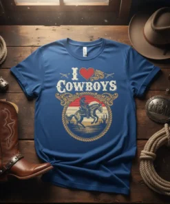 I Love Cowboys T-Shirt featuring a cowboy riding a horse within a circular emblem, vintage western design