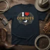 I Love Cowboys t-shirt design with red heart and vintage western font, featuring a silhouette of a horse