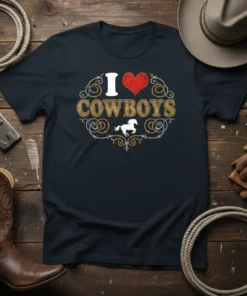 I Love Cowboys t-shirt design with red heart and vintage western font, featuring a silhouette of a horse