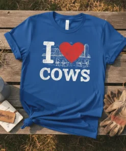 I LOVE COWS t-shirt design with white text, a red heart, two cows, and farm buildings