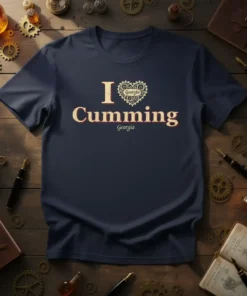 Navy blue t-shirt with text "I Love Cumming Georgia" and a heart graphic, representing the I Love Cumming Georgia design