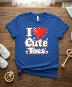 Blue t-shirt with "I Love Cute Toes" text and a red heart graphic, featuring baby feet icons and stars