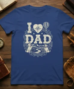 I Love Dad t-shirt with adventure dog, compass, and hot air balloon graphic in vintage style