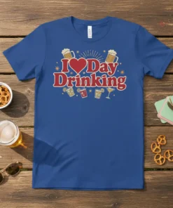 I Love Day Drinking T-Shirt featuring red retro text, a heart symbol, beer mugs, and cocktail glasses graphic