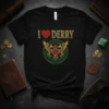 I Love Derry T-Shirt with a red heart and golden Celtic knot design featuring dragons and a crown