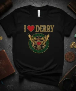 I Love Derry T-Shirt with a red heart and golden Celtic knot design featuring dragons and a crown