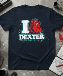 I Love Dexter t-shirt design with a white distressed "I" and an anatomical heart next to the word "DEXTER" in