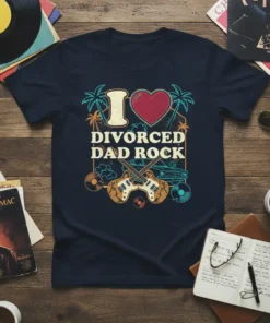 Navy t-shirt with "I Love Divorced Dad Rock" text, heart, guitars, palm trees, and vintage car graphic