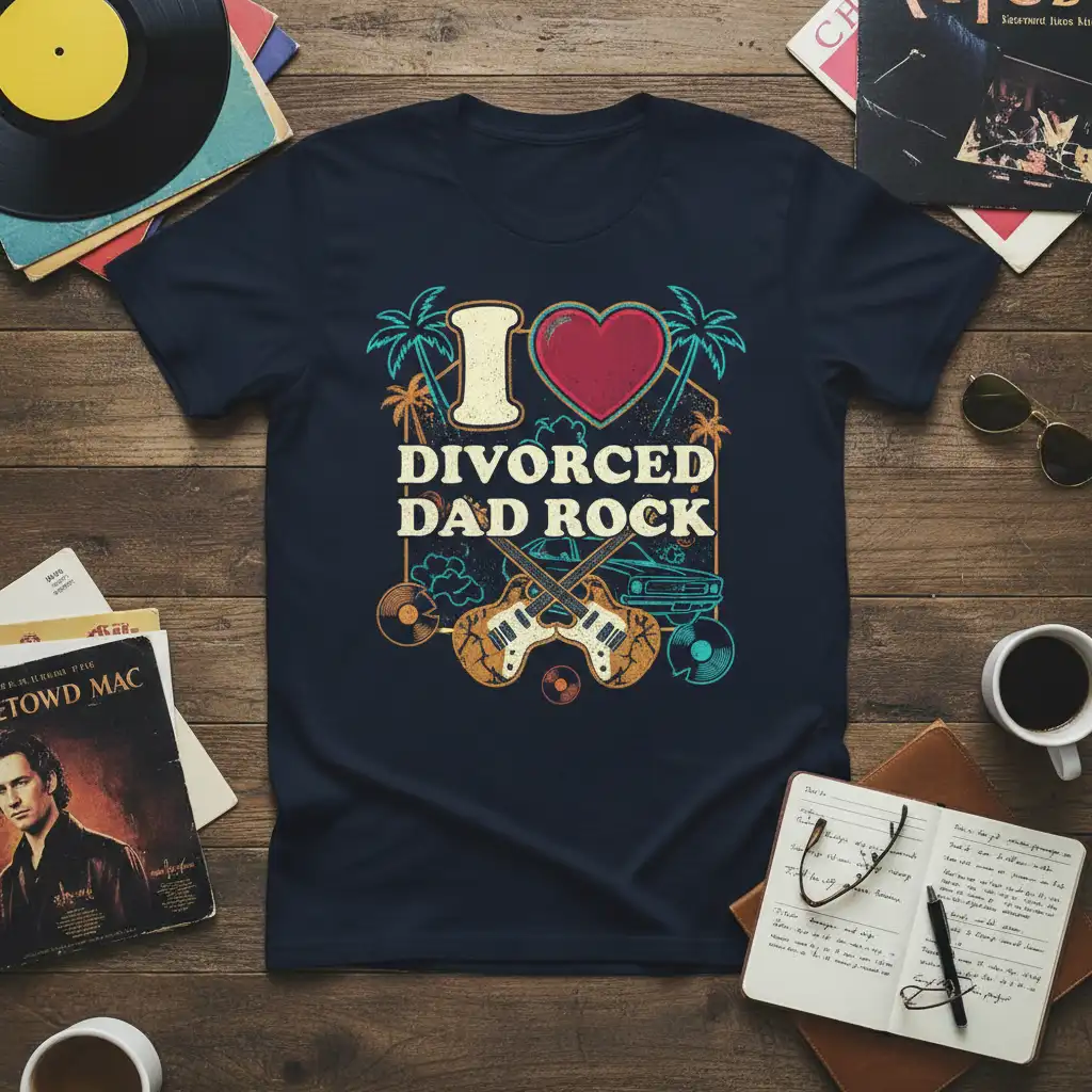 I Love Divorced Dad Rock text and graphic design featuring guitars and retro elements