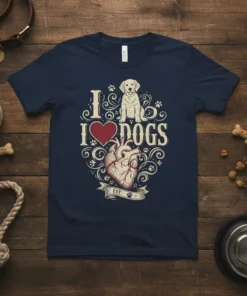 I Love Dogs Heart T-Shirt design featuring a labrador puppy, a red heart, and an anatomical heart with "EST." banner