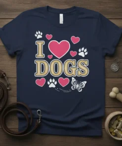 I Love Dogs T-Shirt featuring pink hearts, paw prints, and a butterfly graphic