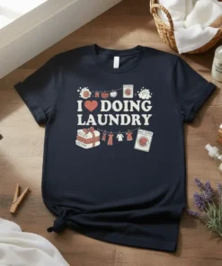 I Love Doing Laundry t-shirt design with heart and clothesline graphic, featuring washing machines and clean folded clothes
