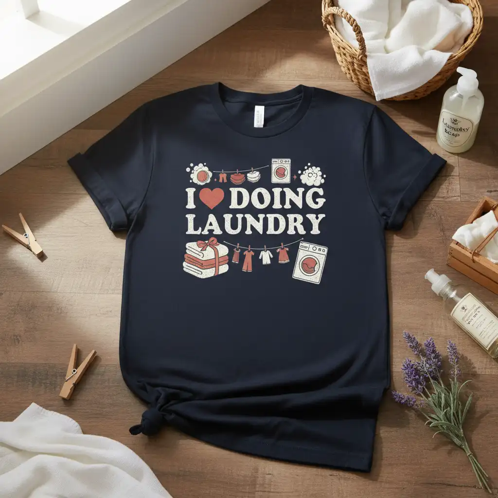 I Love Doing Laundry quote with heart symbol and laundry graphics on a dark blue t-shirt