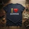 Navy blue t-shirt with "I Love Donnie" text and a large red gem heart graphic