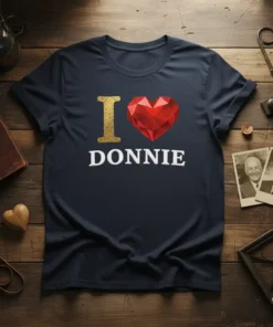 Navy blue t-shirt with "I Love Donnie" text and a large red gem heart graphic
