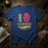 I Love Donnie T-Shirt with neon red anatomical heart and gold ornate text