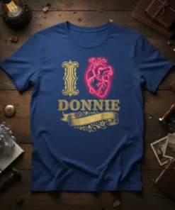 I Love Donnie T-Shirt with neon red anatomical heart and gold ornate text