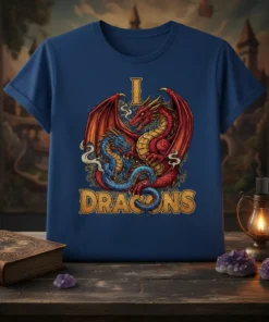 I Love Dragons T-Shirt with red and blue dragons illustration and gold lettering, fantasy art design