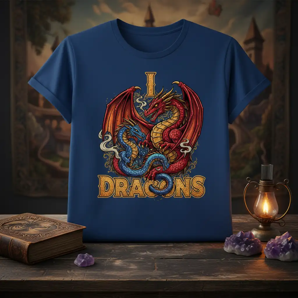 I Love Dragons graphic t-shirt featuring intertwined red and blue dragons and golden text, fantasy art style