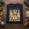 Navy t-shirt with gold text "I LOVE DUMB BLONDES" and a graphic of five happy Golden Retrievers