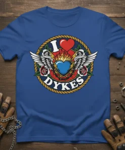 I Love Dykes t-shirt with heart, wings, lightning bolts, and roses in a circular design