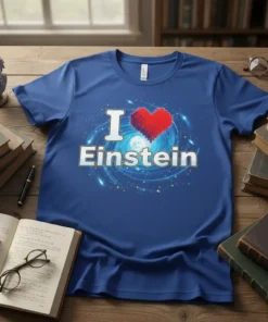 I Love Einstein T-Shirt featuring pixelated heart and galaxy graphic, ideal for science lovers and physics fans