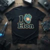 I Love Elon T-Shirt featuring a stylized anatomical heart with gears and neon blue lines, with text below