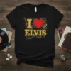 I Love Elvis t-shirt with retro gold lettering, red heart, guitar, microphone, and musical notes