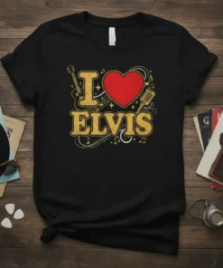 I Love Elvis t-shirt with retro gold lettering, red heart, guitar, microphone, and musical notes