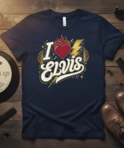 Navy blue t-shirt with "I Love Elvis" text design featuring a flaming heart, lightning bolt, and vintage gold accents
