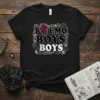 I Love Emo Boys Boys t-shirt design with a realistic anatomical heart and gothic floral border featuring skulls and roses