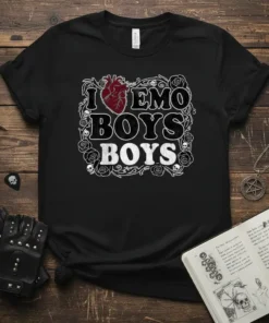 I Love Emo Boys Boys t-shirt design with a realistic anatomical heart and gothic floral border featuring skulls and roses