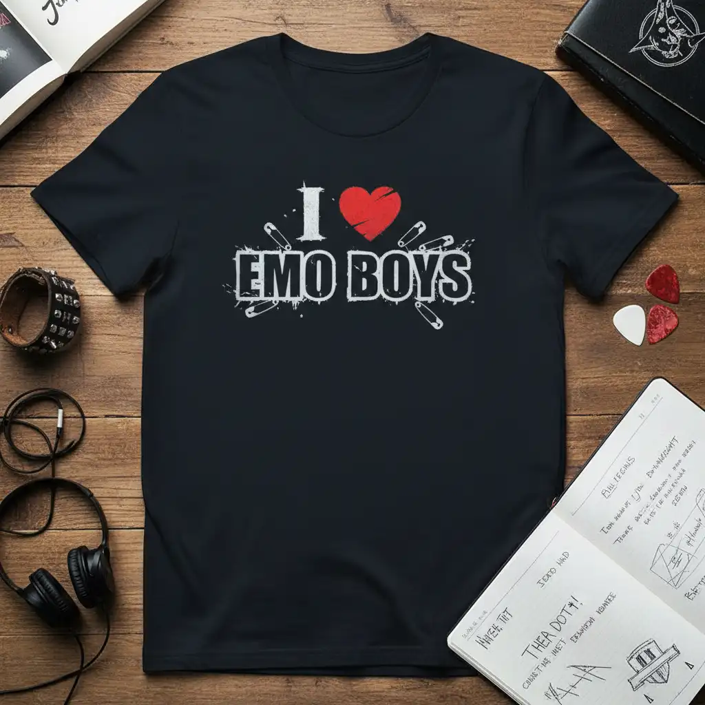 I Love EMO BOYS text graphic with red heart and safety pins on a black t-shirt
