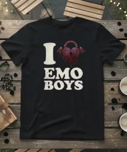 I Love Emo Boys T-Shirt featuring a distressed heart lock graphic and bold text