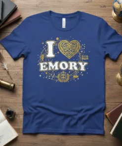 Blue t-shirt with white and gold "I Love Emory" text and heart graphic, surrounded by stars and academic symbols