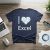 I Love Excel T-Shirt with a geometric heart graphic and glitch effect text, perfect for data analysts