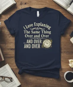 Navy t-shirt with "I Love Explaining The Same Thing Over and Over ... AND OVER AND OVER" text and a