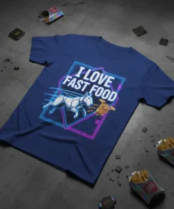 I LOVE FAST FOOD T-Shirt with a white bull terrier running towards french fries, neon geometric background