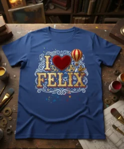 I Love Felix text with steampunk hot air balloon and heart graphic on a blue t-shirt