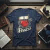 Navy t-shirt with "I Love Finneas" text, red heart pierced by an arrow, tattoo style design