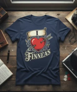 Navy t-shirt with "I Love Finneas" text, red heart pierced by an arrow, tattoo style design